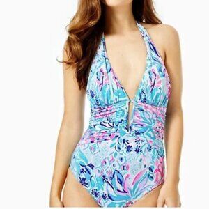 Lilly Pulitzer Lanai Halter Zanzibar Blue party princess one piece bathing suit